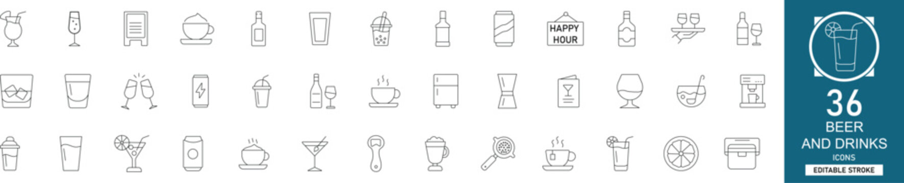 Beer and drinks line icon set with 36 icons beer, alcohol, pub, bar, cocktail, bottle, glass, brewery. Clean linear vector, editable stroke for restaurant and nightlife projects.