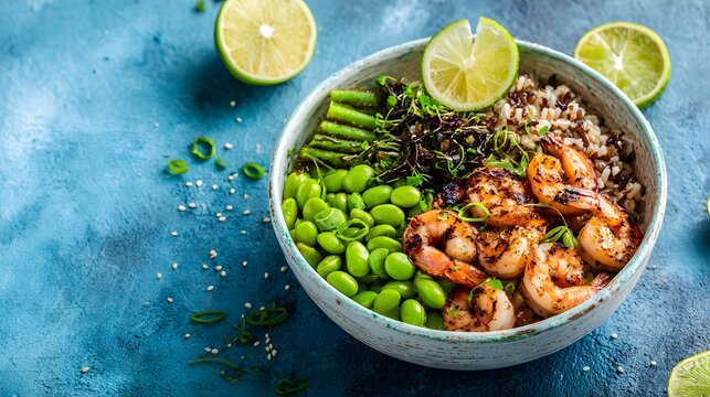 Healthy Shrimp and Edamame Quinoa Bowl with Asparagus and Lime.