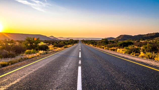 Scenic Desert Highway at Sunset with Mountain Landscape.