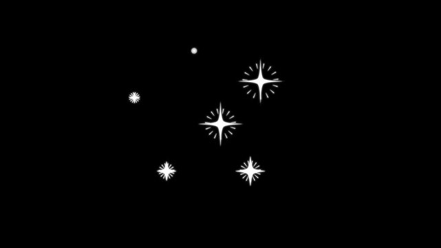 Twinkle star shine animation with white cartoon blinking stars, flat vector doodle sparkle style, glowing light trails and smooth looping motion on black screen background