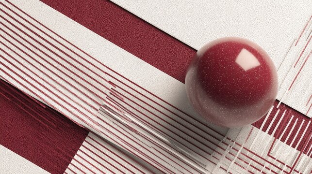 Glossy crimson sphere rests upon an abstract composition of textured surfaces and fine parallel lines.