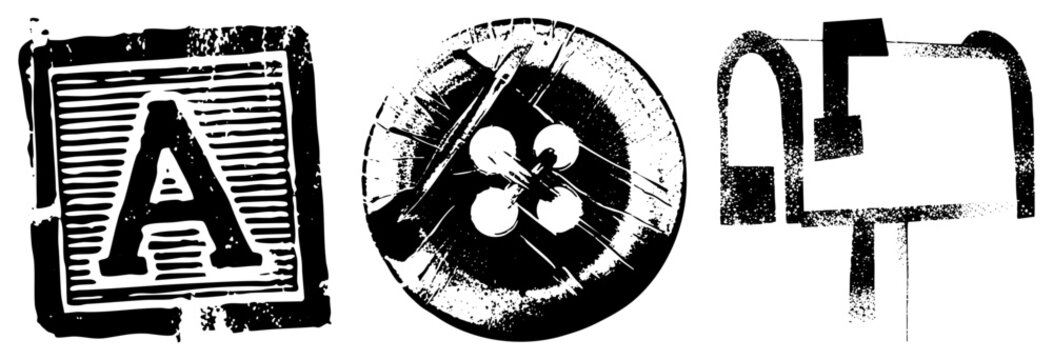 Stylized letter A in block font, textured button with four holes, abstract typographic shapes all in halftone distressed style.