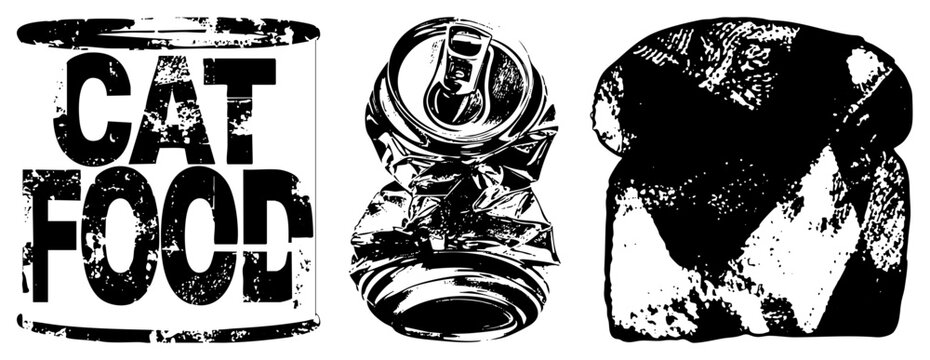 Distressed black and white vector illustrations of pet food, crushed beverage can, and bread slice with gritty texture, ideal for retro or urban design projects.