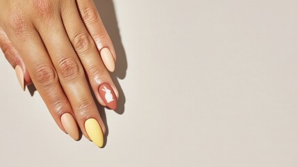 A close-up of a woman's hand with long, almond-shaped nails. The nails are painted in pastel colors, including yellow and a nude shade. The background is neutral.