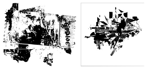 Fototapeta premium Bold fragmented logo with “INSTITUTE” text, urban stencil art, distressed halftone texture, street art design, black and white vector graphic.
