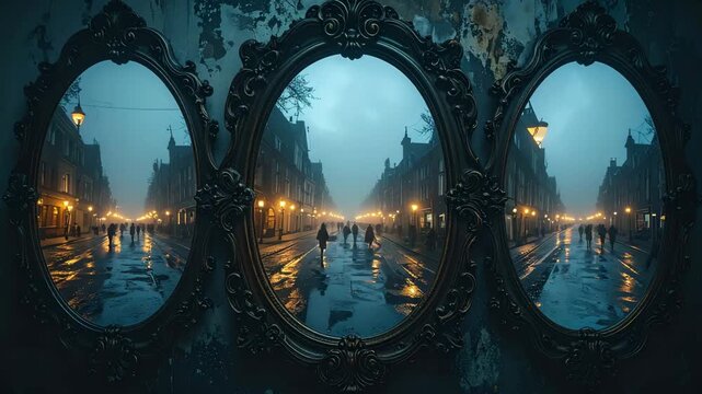 Ornate mirrors reflect a city street in the rain with figures