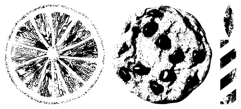 Black and white halftone citrus slice and chocolate chip cookie, stylized food graphics, dotted texture, vector cutouts, isolated dessert.