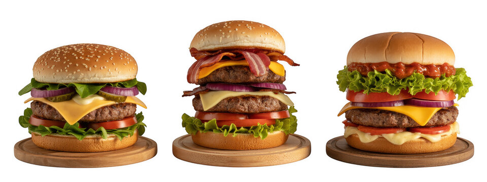 Three double- decker burgers on round wooden boards double-decker cheese isolated on a transparent background