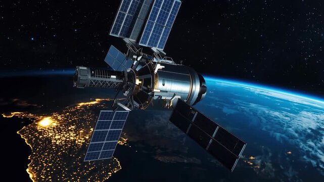 Satellite orbit earth at night with solar panel arrays and glowing city lights in space