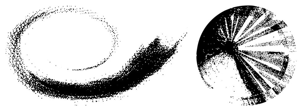 Artistic halftone forming curved stroke and circular burst, vector graphic,, isolated shapes, stylized composition.