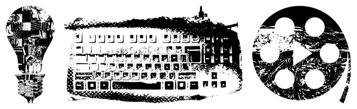 Retro keyboard, idea bulb, film reel rendered in distressed halftone style, creative tools, analog, artistic vector composition.