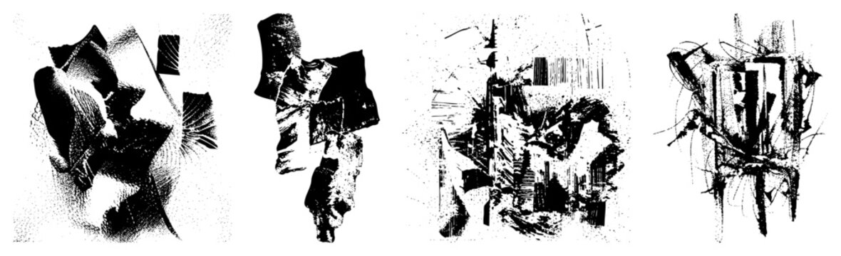 Fragmented abstract shapes with halftone textures, geometric, ink streaked forms, composition, vector graphic art.