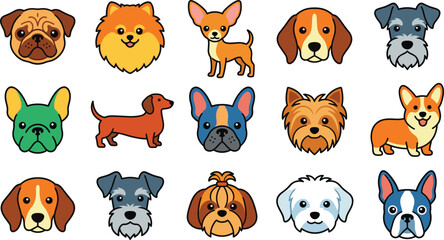 Obraz premium Cute dog breeds cartoon faces icons set puppy heads pets collection domestic animals colorful vector illustration design