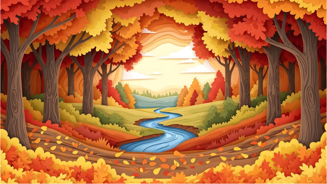Autumn Forest Papercut Landscape with Layered Colorful Fall Leaves, Woodland Trees in Warm Orange and Red Tones Vector