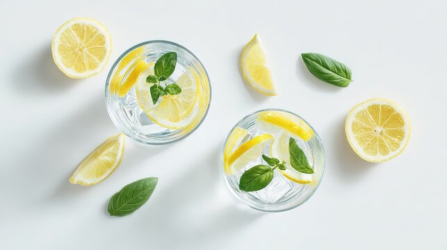 Two clear glasses of lemon water with mint leaves and scattered lemon slices on white background