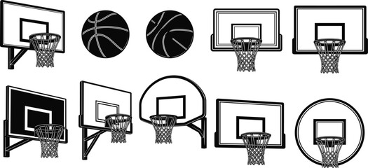 Basketball hoop and ball collection illustration, sports equipment set, backboard designs, athletic game elements, black outline vector icons isolated © Osiar