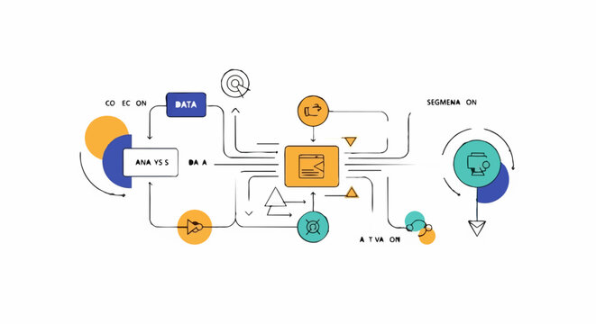 A complex flowchart with colorful shapes and arrows.