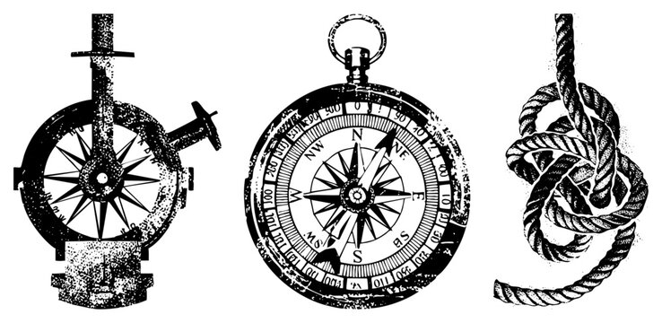 Antique maritime compasses and rope knots, nautical navigation tools, sailor equipment, gear, black and white vector art.