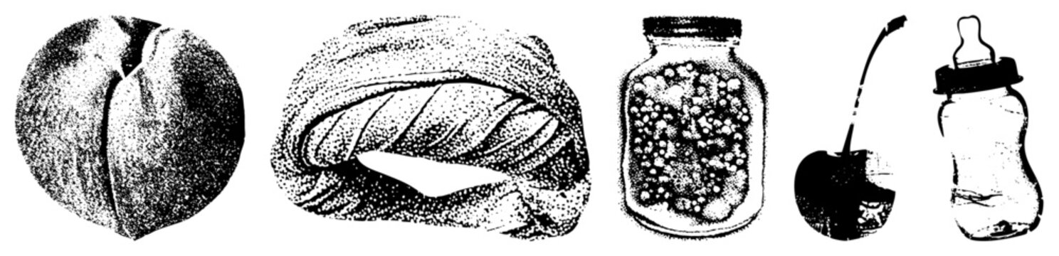 Black and white halftone render of a, bread roll, jar of candies, cherry, and baby bottle, stylized vector graphic, isolated food.