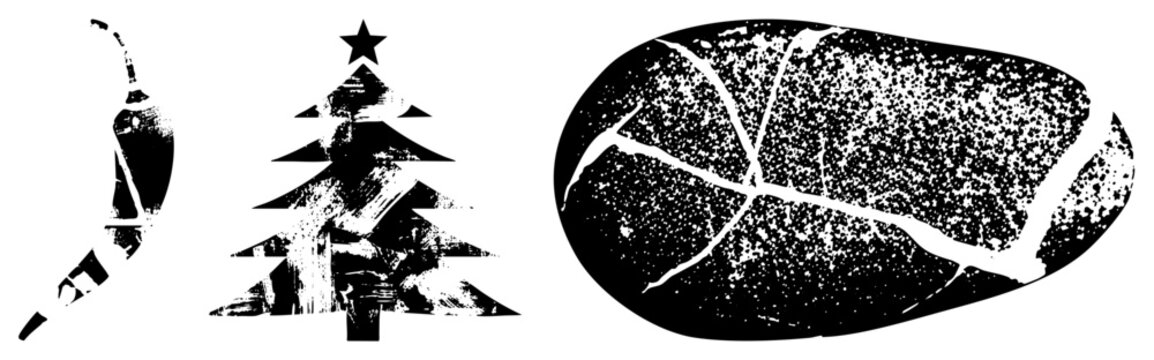 Stylized chili pepper, Christmas tree with star, and textured steak, all in distressed black and white vector art, ideal for festive or culinary designs.