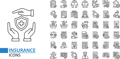Naklejka premium Comprehensive collection of insurance line icons featuring medical protection health coverage life security home safety property guard financial shield and risk management symbols.
