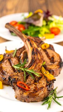 A close-up shot of grilled lamb chops on a plate