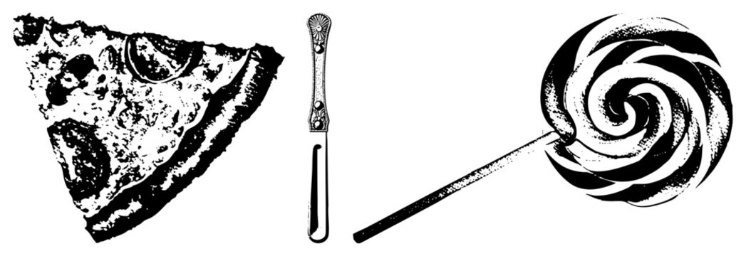 Classic food items rendered in vector art pizza slice with toppings, ornate knife, and lollipop swirl isolated design elements for branding or use.