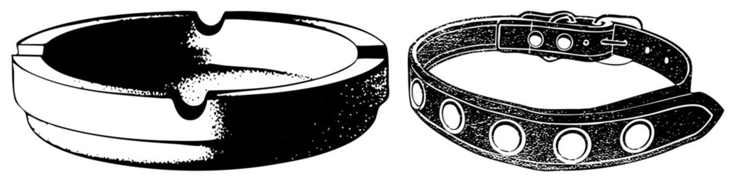 Retro ashtray with textured rim and dog collar with rivets, vector art, black and white, classic design, pet accessory, smoking accessory.