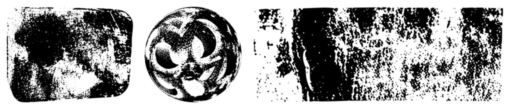Weathered black and white surface textures, distressed graphic elements, circular abstract design, grunge art style, digital vector.