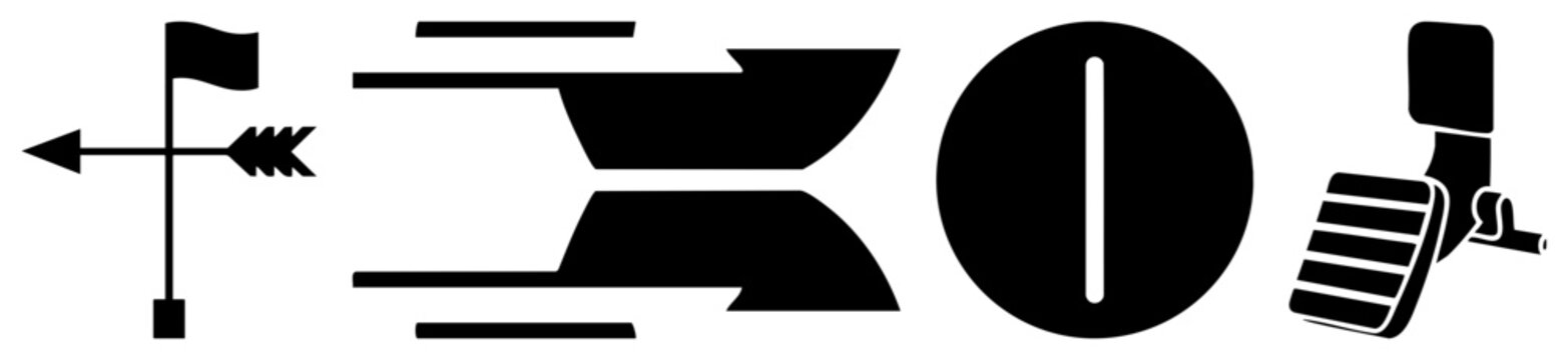 Set of minimalist black vector compass rose, speedometer gauge, circular dial, car gear shifter, flat design, UI elements, navigation tools.