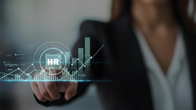 Business woman taps on screen as HR icon and rising graph appear, representing recruitment, workforce growth, business development and data-driven performance.