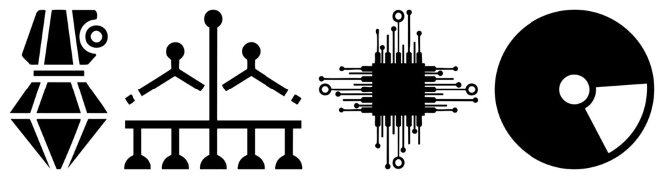 Minimalist black silhouettes diamond shaped headgear, stylized figures on a platform, circuit board, and segmented circular form. Flat vector symbols for UI, tech, or design concepts.