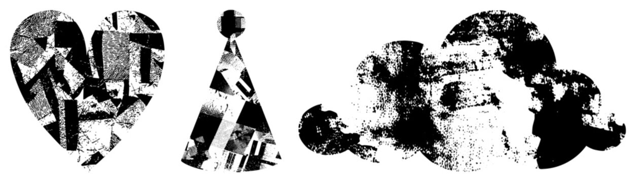 Black and white halftone shapes forming heart, party hat, and cloud motifs, graphic design elements, vector art, stylized symbols, isolated, textures, composition.