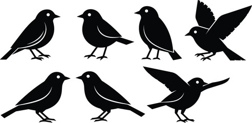 Fototapeta premium Black bird silhouettes collection, various poses, perched flying standing kissing, wildlife animal set, isolated vector illustration design graphic pack bundle clipart