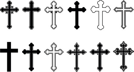 Fototapeta premium Black silhouette vector illustration of diverse Christian cross designs, ornate and simple styles symbolizing faith, religion, presence concept
