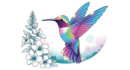 Obraz premium Vibrant hummingbird in flight beside blooming flowers with colorful feathers and long beak in air