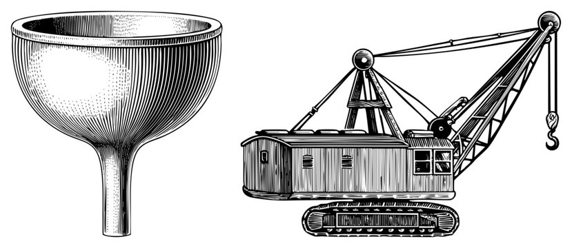 Classic funnel with striped shading and tracked crane with hook, both in detailed art, industrial tools, mechanical equipment, engineering sketches.