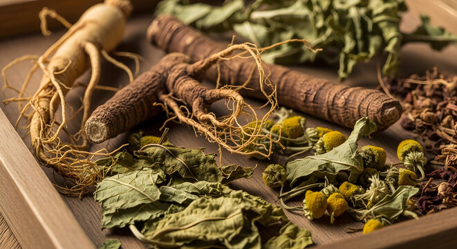 Assortment of Dried Medicinal Herbs and Roots.