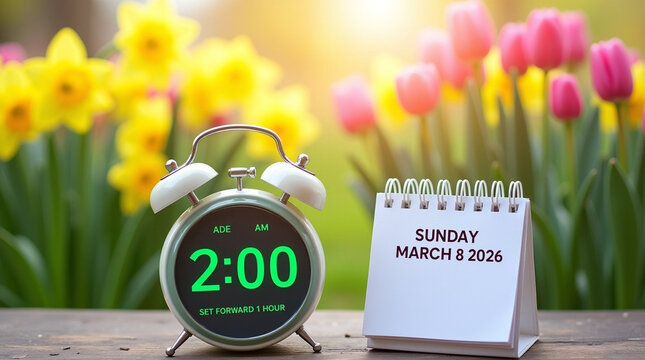 Digital clock showing 2:00 AM to set forward one hour and a calendar displaying Sunday March 8 by blooming spring flowers. Daylight Saving Time Begins 2026
