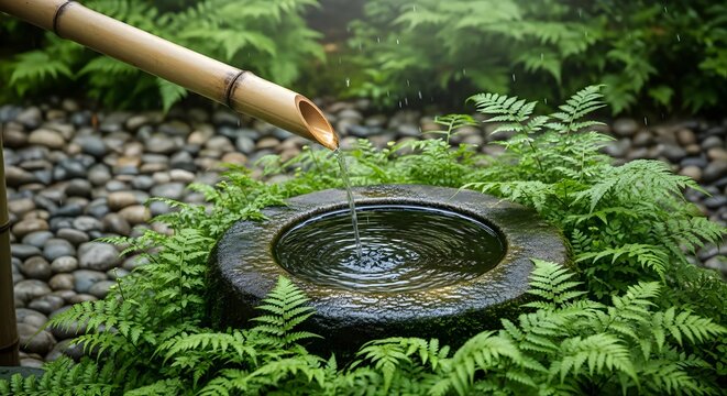 Water flows from bamboo into stone basin surrounded by ferns on Haiku Day in serene Japanese garden with pebbles and lush greenery.