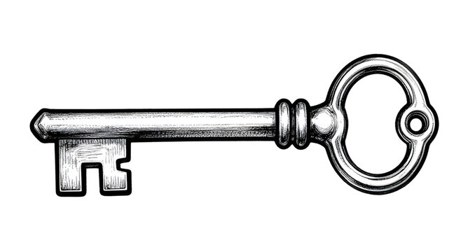 key, skeleton, antique, vintage, old, lock, unlock, metal, security, symbol, black, white, illustration, design, object, classic, element