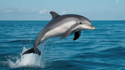 Fototapeta premium Graceful dolphin leaps dynamically from the deep blue ocean surface creating a splash against a light sky