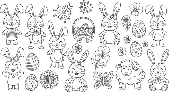Black-and-white Easter illustration with bunnies, decorated eggs, basket, sheep, ladybugs, butterfly, sunflower, and spring floral designs