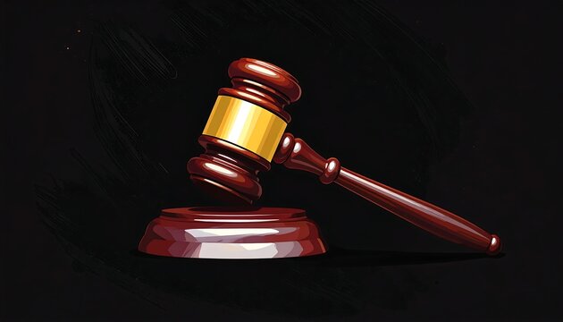 A gavel with a gold band rests on a sound block