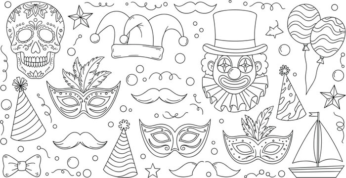 Carnival festive vector illustration, sugar skull, clown, jester hat, masquerade masks, party elements, celebration design symbols