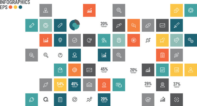Business infographic template vector with colorful square icons data charts analytics elements and modern corporate presentation layout