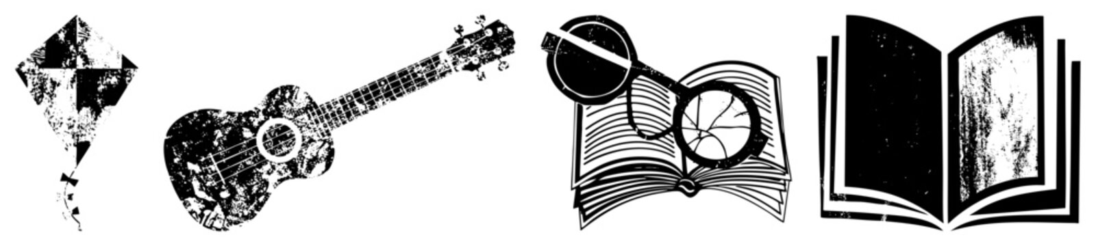 Distressed black and white vector kite, ukulele, reading glasses on book, open book. Retro, textured,, educational, musical, leisure symbols.