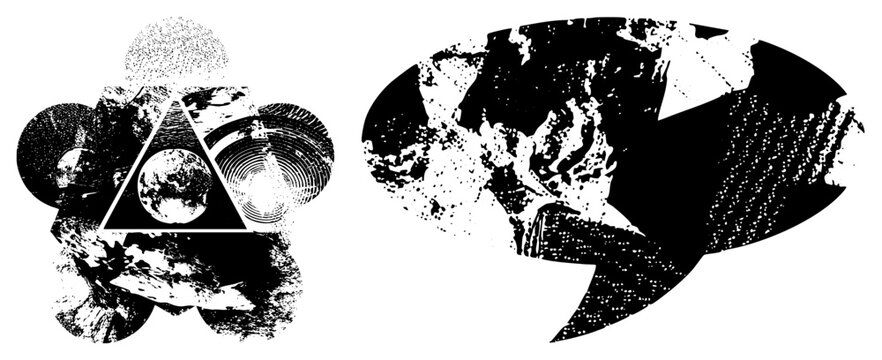 Stylized planet Earth within a triangle, surrounded by circular halftone, abstract cosmic design, vector art, symbolic global representation.