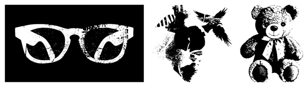 Retro style glasses with weathered texture, classic eyewear, optical frames, monocle alternative, vintage eyewear, graphic silhouette, vector.