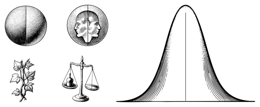Vintage halftone graphics sphere shading, symmetrical head, vine, scale, curve. Classic engraving,, technical illustration.